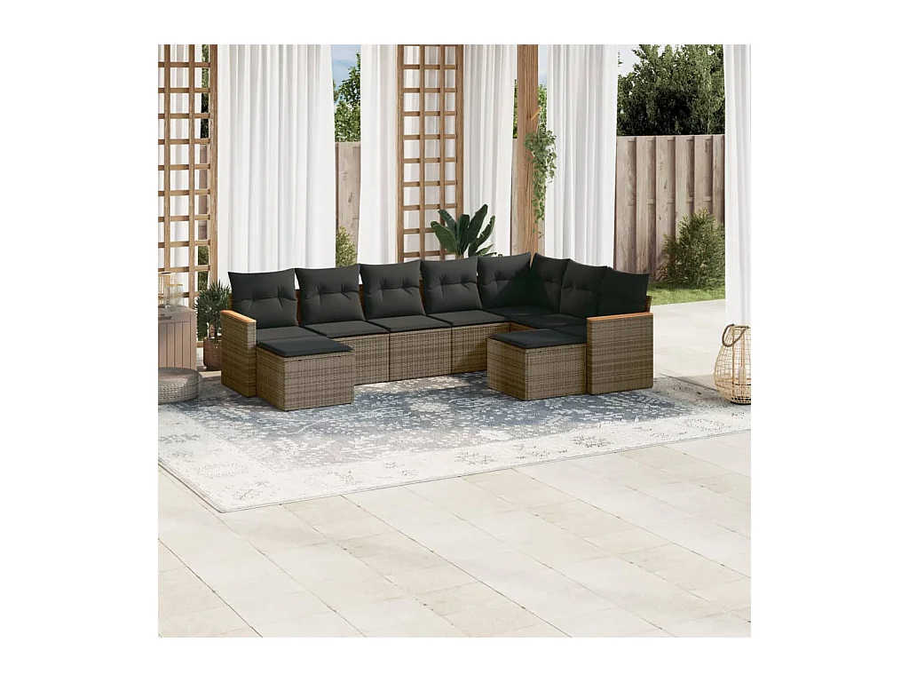 Set Divano da Giardino 9 pz con Cuscini Grigio in Polyrattan