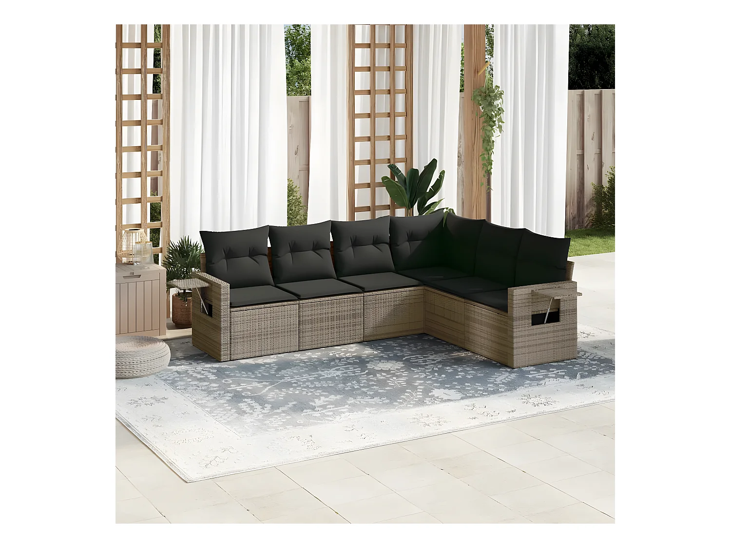 Salon de jardin 6 pcs avec coussins gris résine tressée