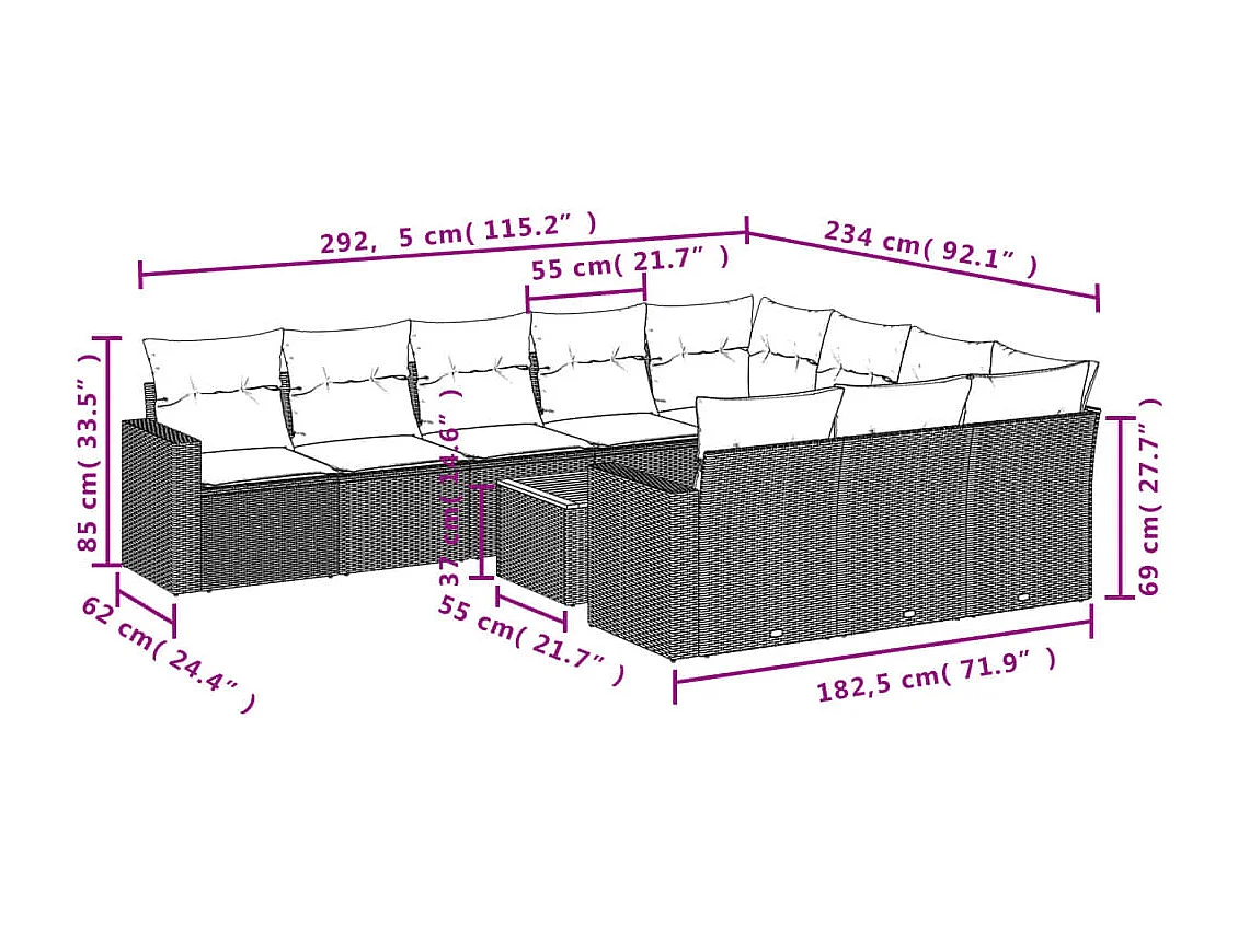 11-tlg. Garten-Sofagarnitur mit Kissen Schwarz Poly Rattan