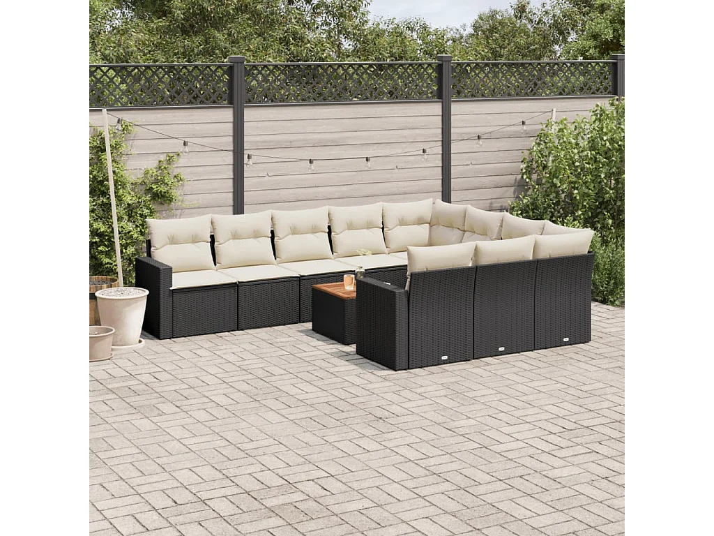 11-tlg. Garten-Sofagarnitur mit Kissen Schwarz Poly Rattan