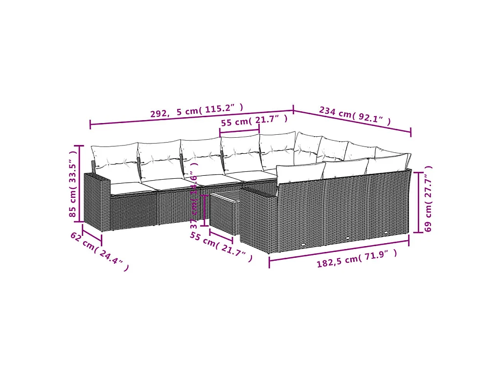 11-tlg. Garten-Sofagarnitur mit Kissen Schwarz Poly Rattan
