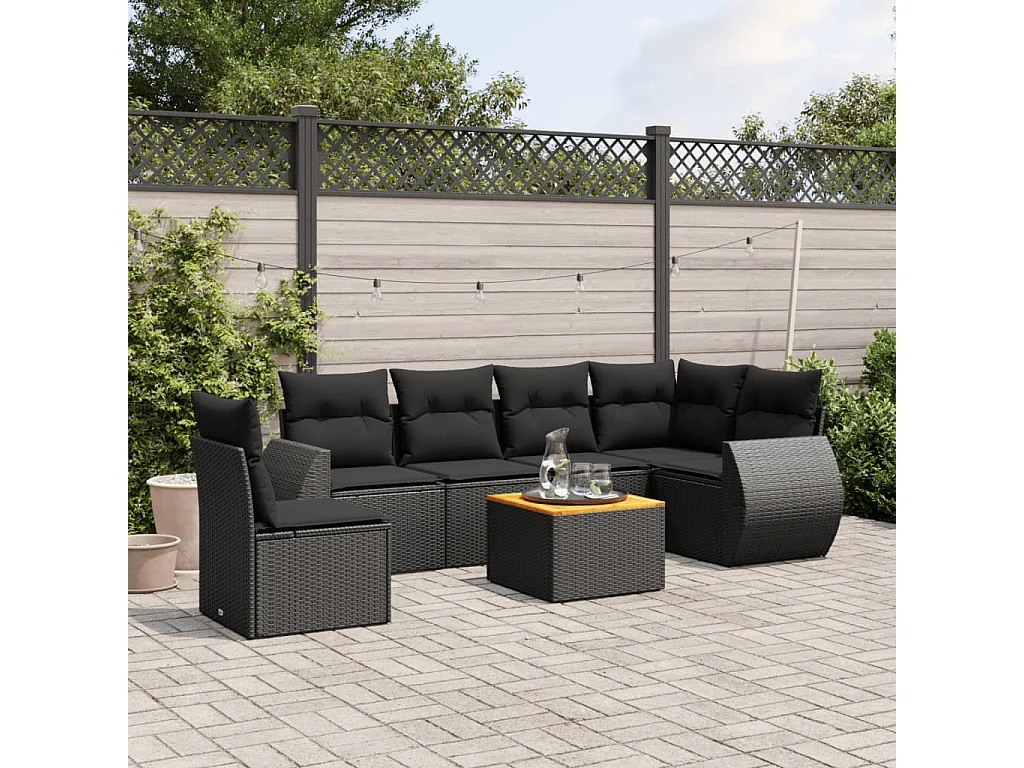 7-delige Loungeset met kussens poly rattan zwart