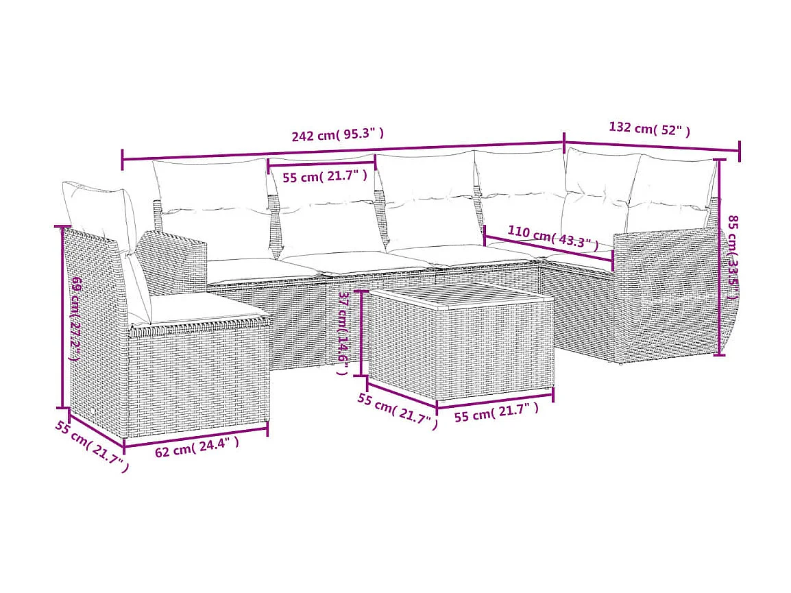 7-delige Loungeset met kussens poly rattan zwart