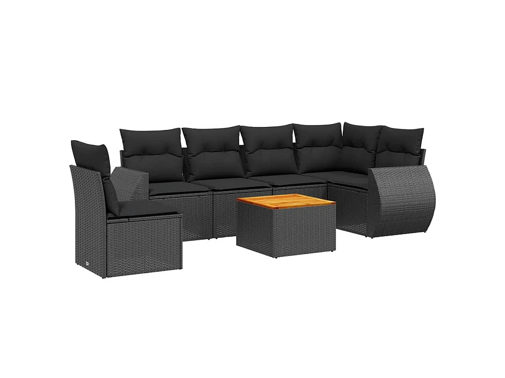 7-delige Loungeset met kussens poly rattan zwart