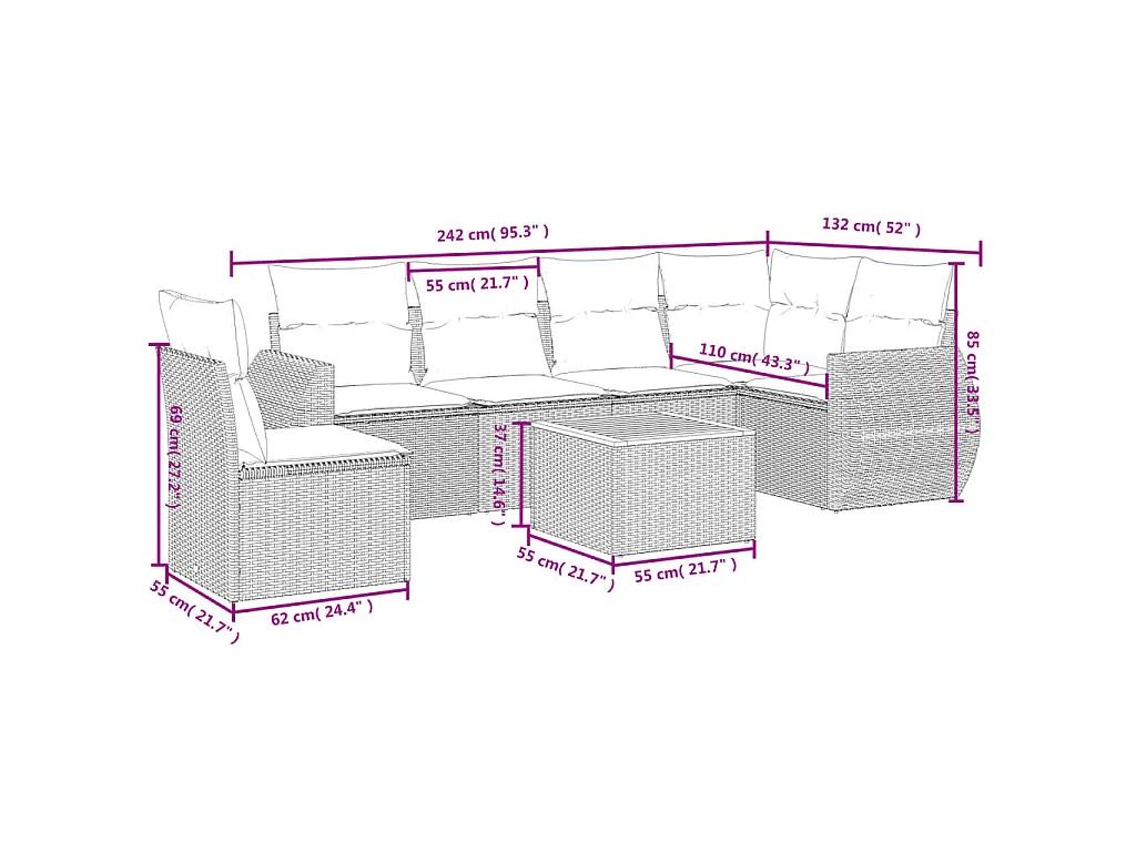 7-delige Loungeset met kussens poly rattan zwart