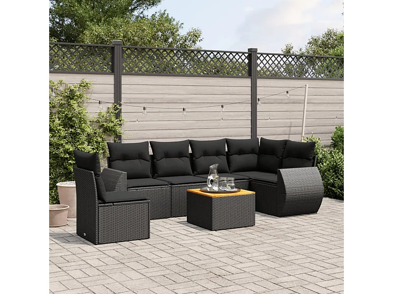 7-tlg. Garten-Sofagarnitur mit Kissen Schwarz Poly Rattan