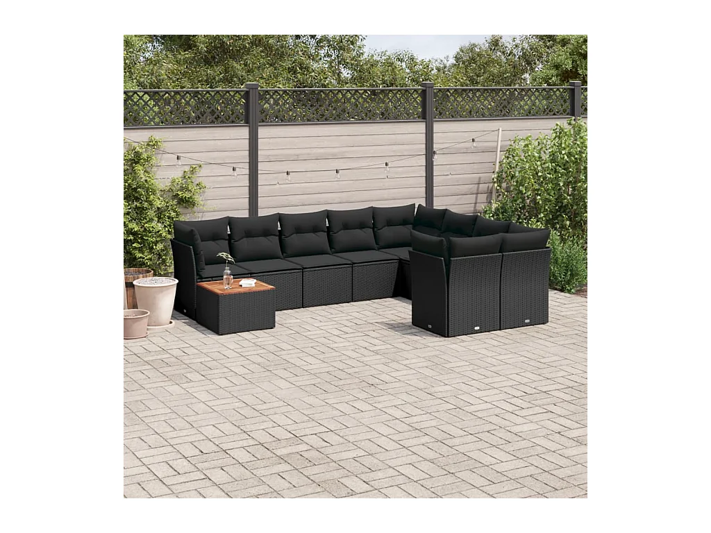 Salon de jardin 10 pcs avec coussins noir résine tressée