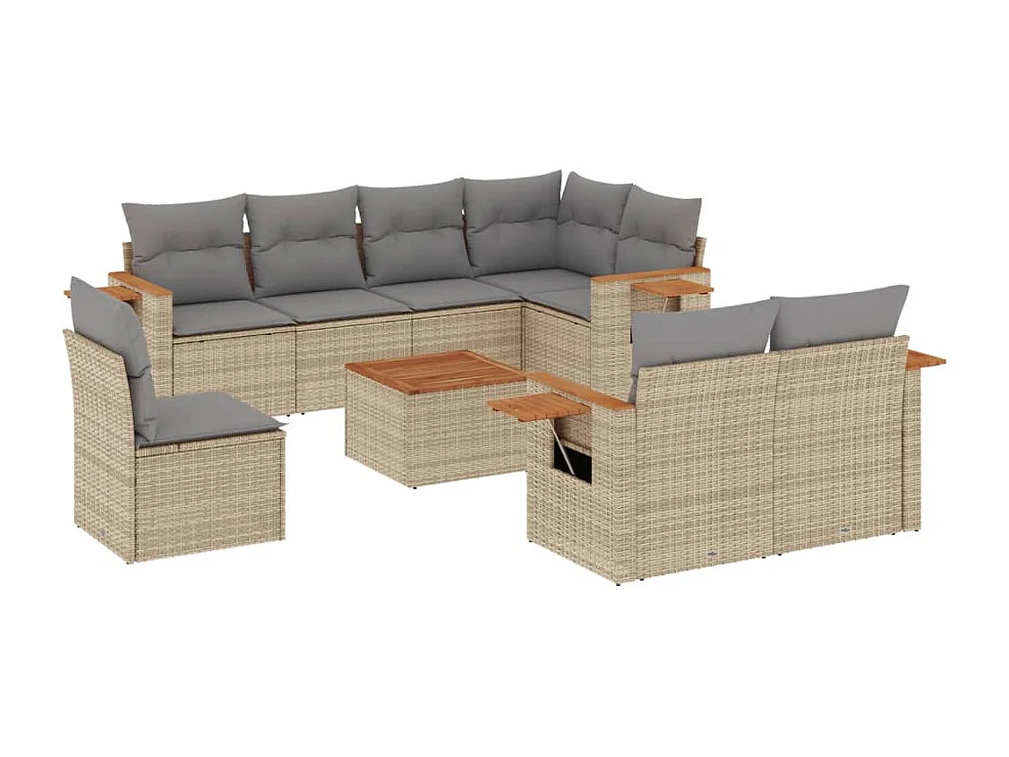 Salon de jardin avec coussins 9 pcs beige résine tressée