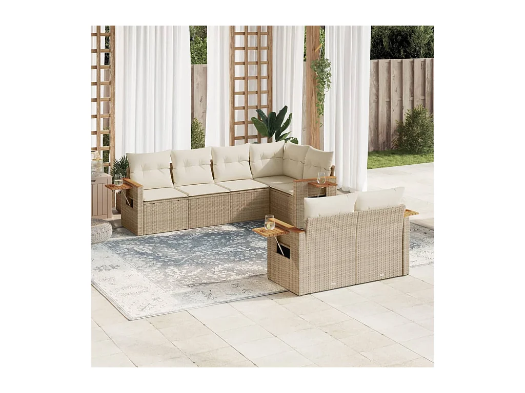 Salon de jardin avec coussins 7 pcs beige résine tressée