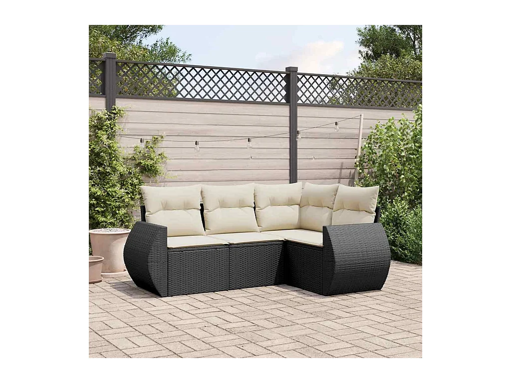 Salon de jardin 4 pcs avec coussins noir résine tressée
