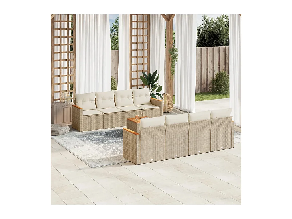 Salon de jardin avec coussins 9 pcs beige résine tressée