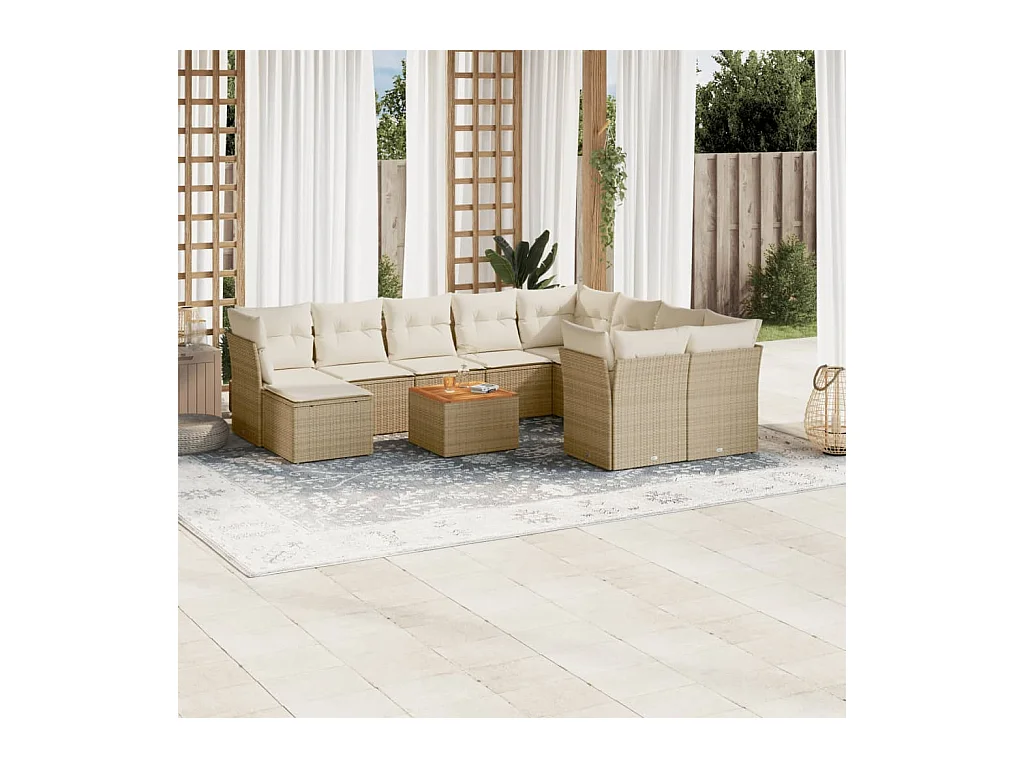 Salon de jardin 11 pcs avec coussins beige résine tressée