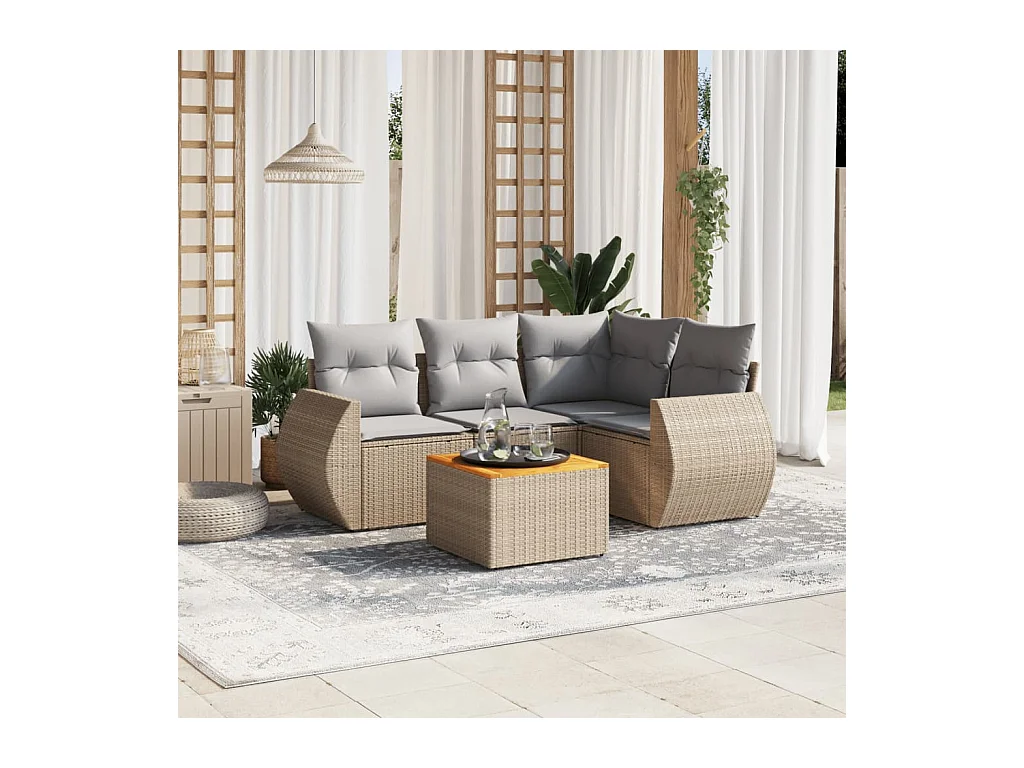 Salon de jardin avec coussins 5 pcs beige résine tressée