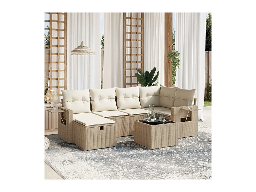 Salon de jardin avec coussins 7 pcs beige résine tressée