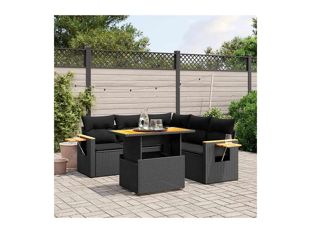 6-tlg. Garten-Sofagarnitur mit Kissen Schwarz Poly Rattan