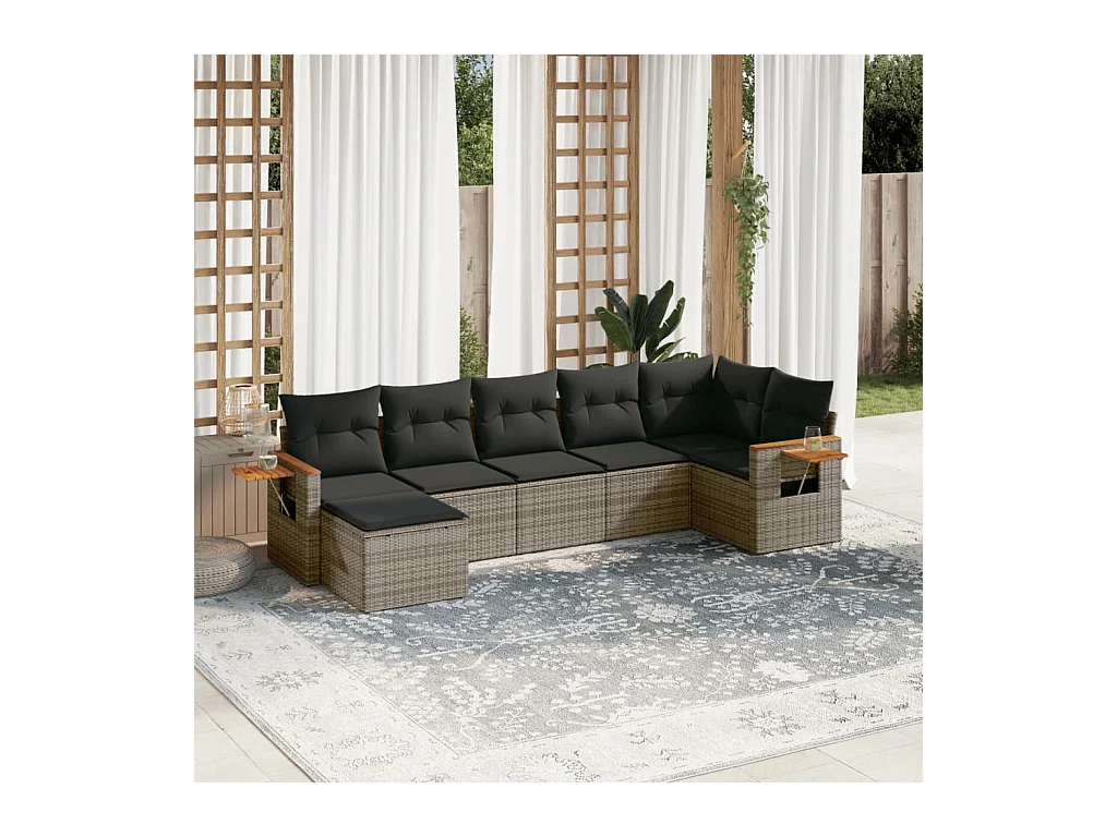 Set Divani da Giardino 7 pz con Cuscini Grigio in Polyrattan