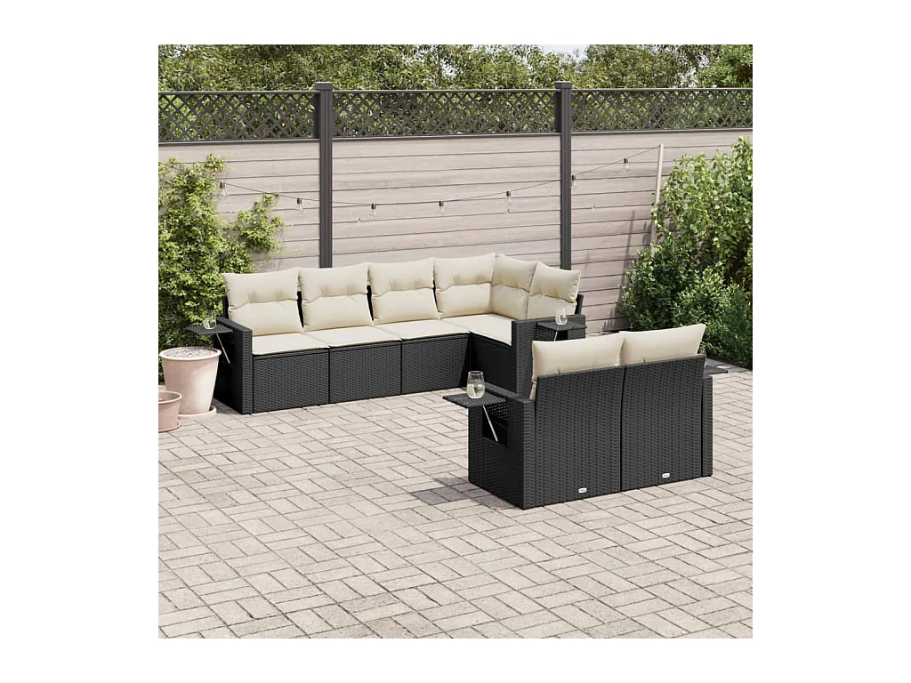 7-delige Loungeset met kussens poly rattan zwart