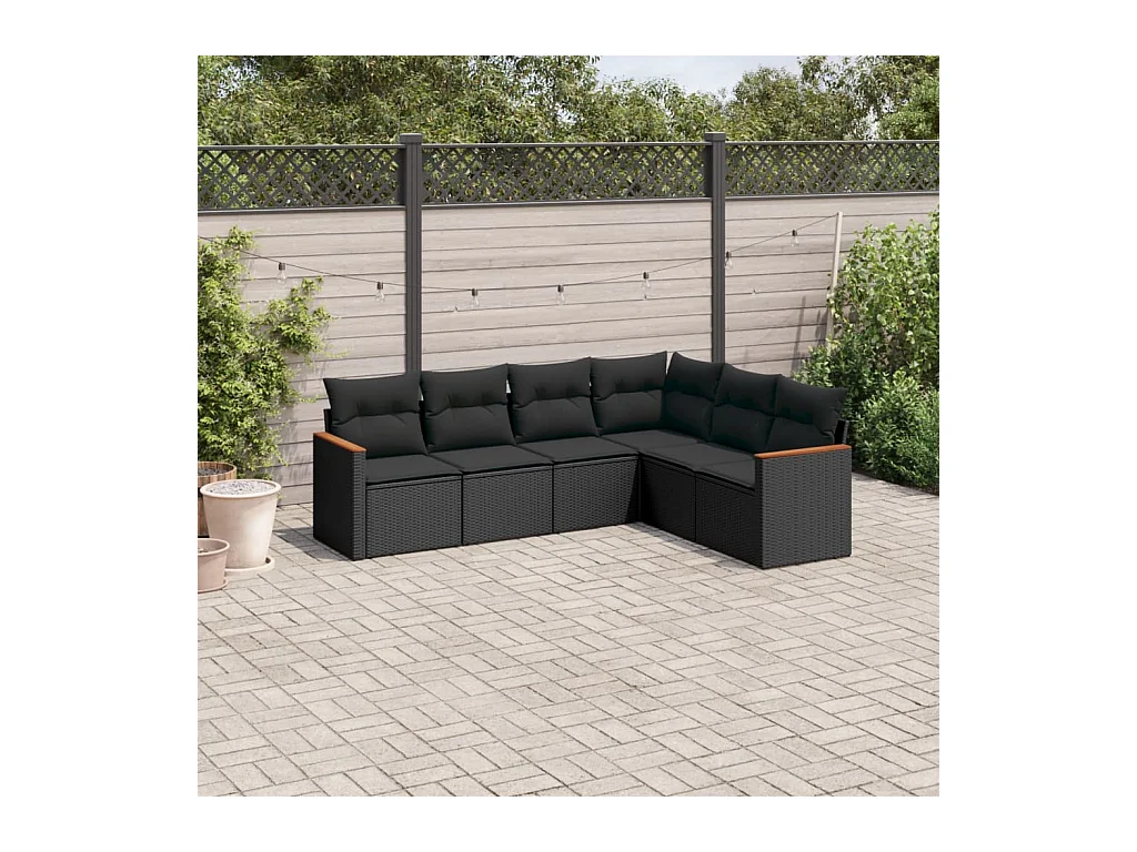 Set Divano da Giardino 6 pz con Cuscini Nero in Polyrattan