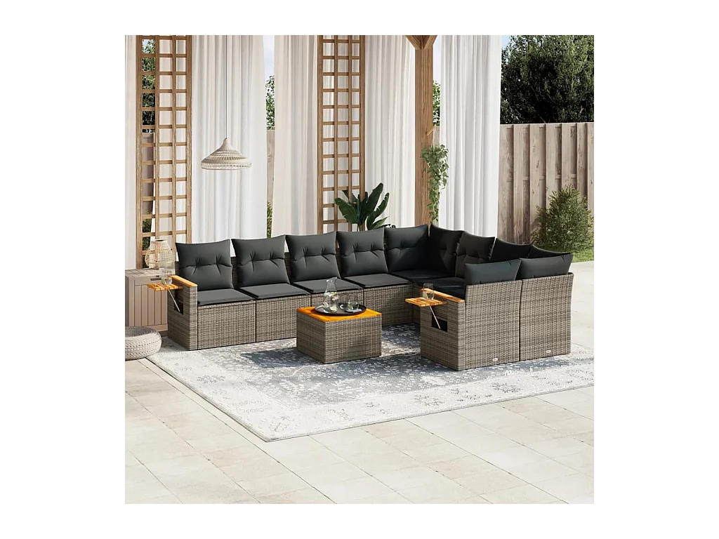 10-delige Loungeset met kussens poly rattan grijs