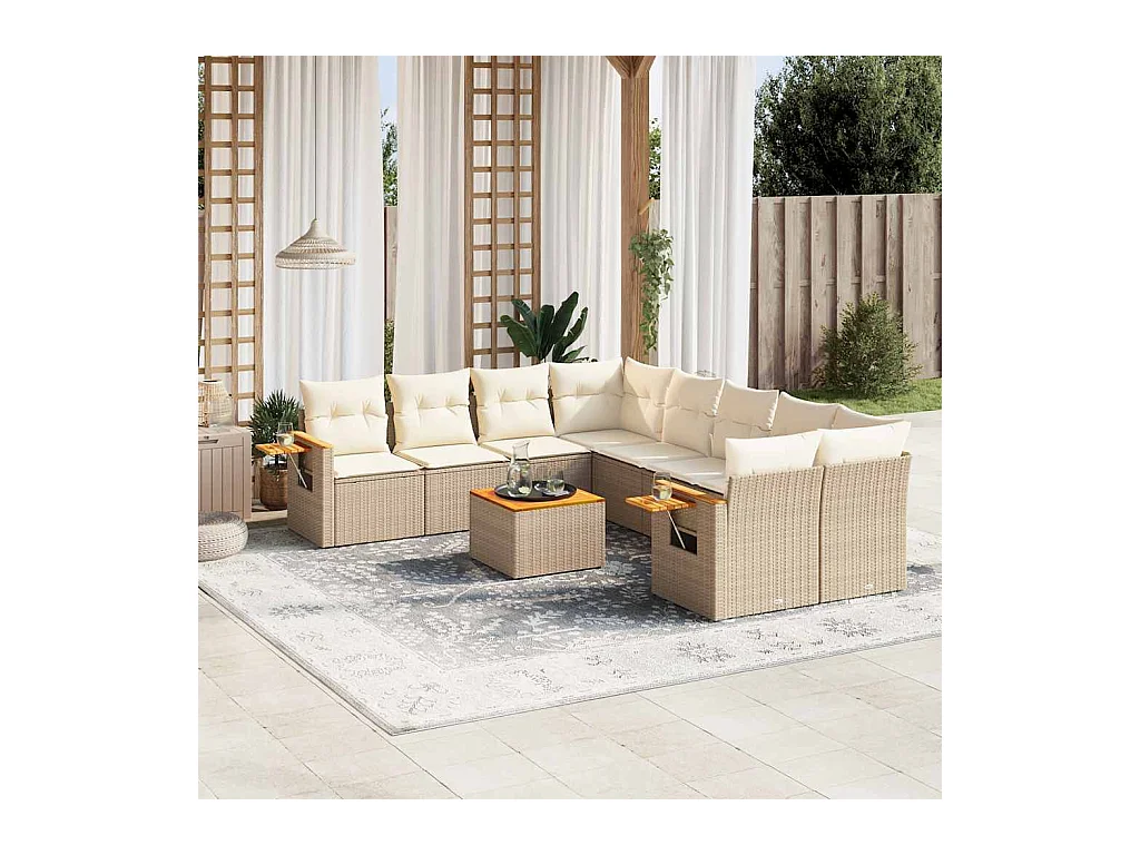 9-delige Loungeset met kussens poly rattan beige