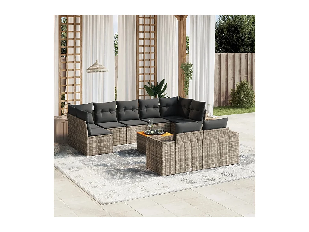 10-delige Loungeset met kussens poly rattan grijs