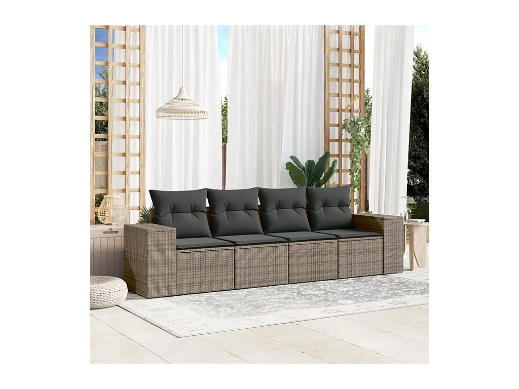 Salon de jardin 4 pcs avec coussins gris résine tressée