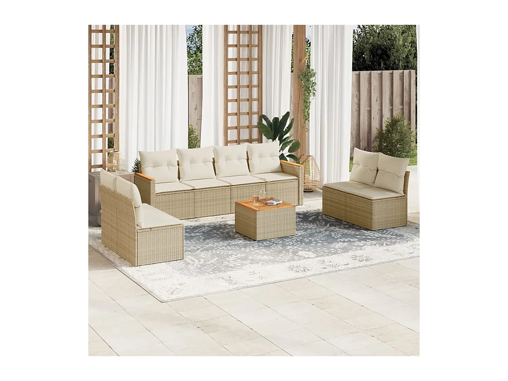 Salon de jardin avec coussins 9 pcs beige résine tressée