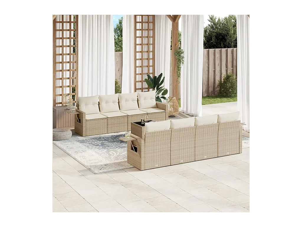 Set Divano da Giardino 9 pz con Cuscini Beige in Polyrattan