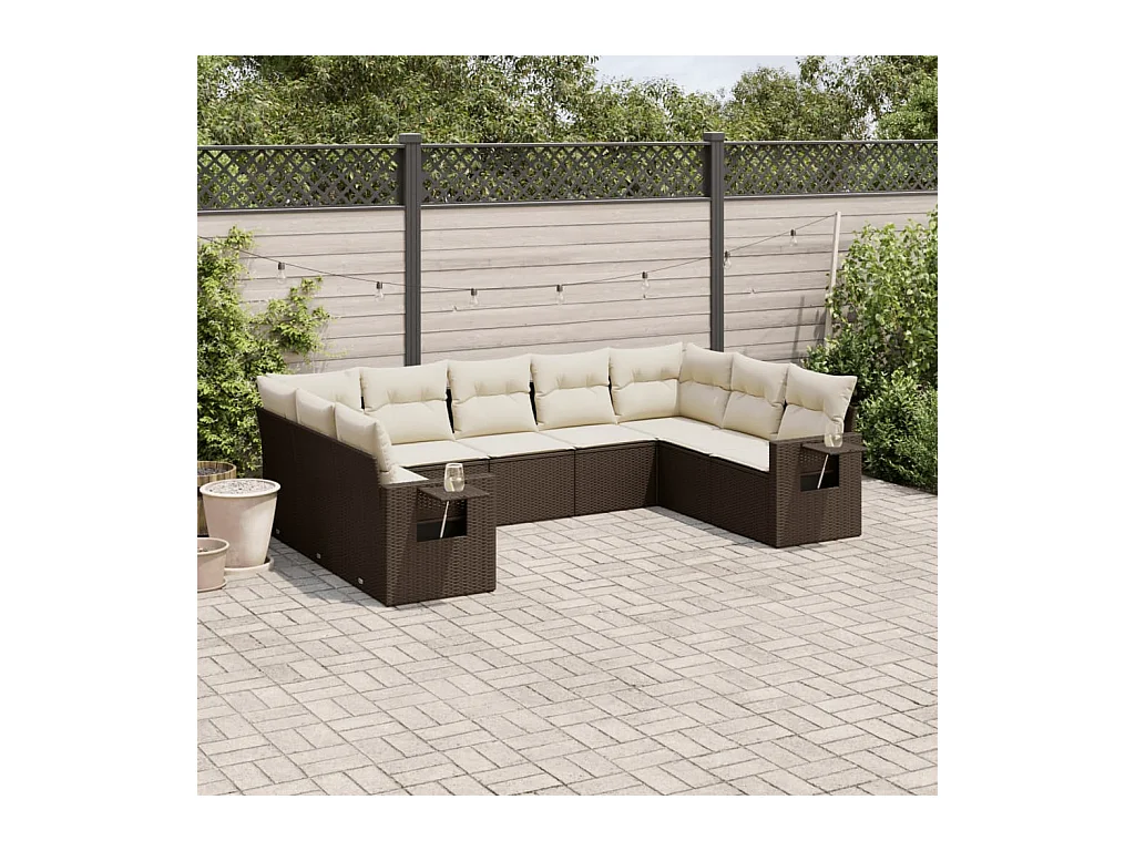 Salon de jardin avec coussins 9 pcs marron résine tressée