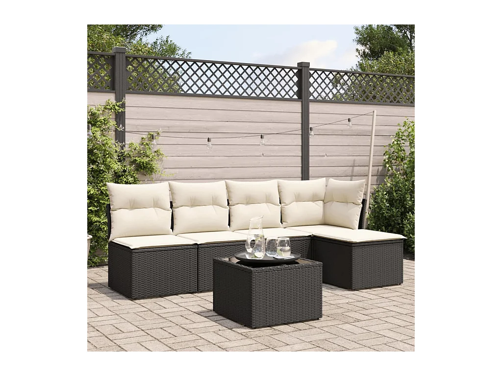 6-delige Loungeset met kussens poly rattan zwart