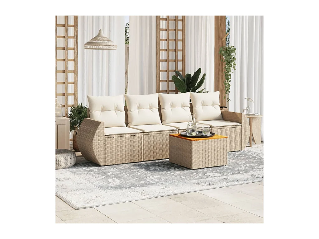 Salon de jardin avec coussins 5 pcs beige résine tressée