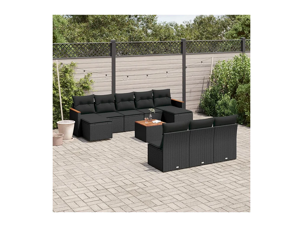 Salon de jardin 11 pcs avec coussins noir résine tressée