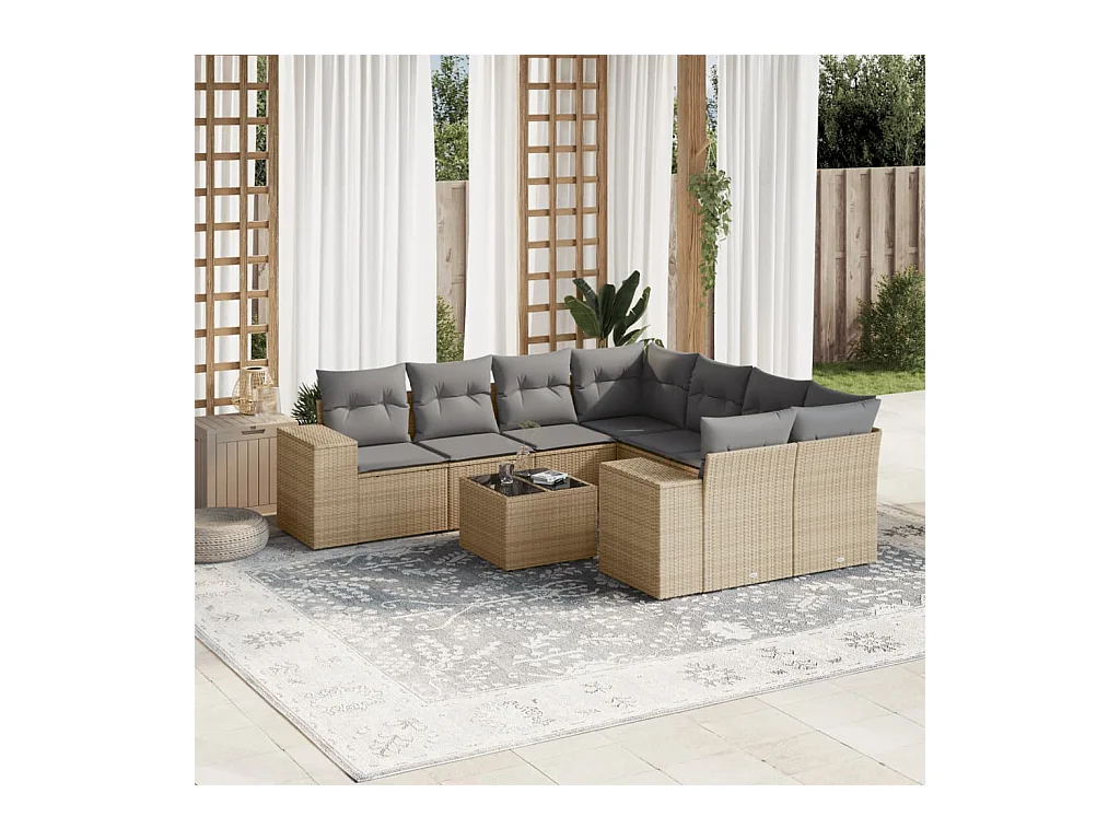 Set Divano da Giardino 9 pz con Cuscini Beige in Polyrattan
