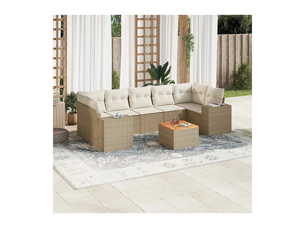 Salon de jardin avec coussins 8 pcs beige résine tressée