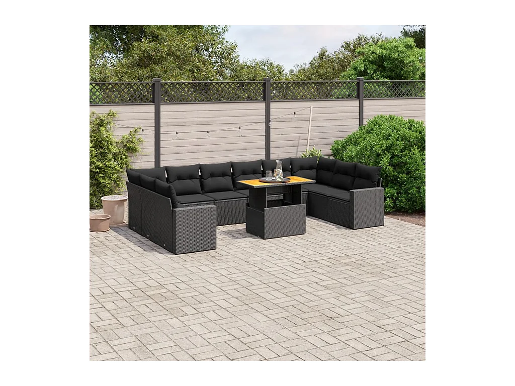 Salon de jardin 11 pcs avec coussins noir résine tressée