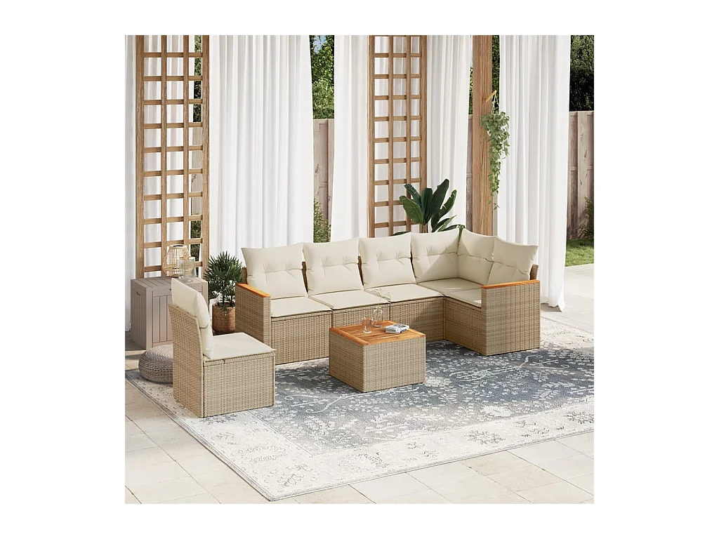 Set Divani da Giardino 7 pz con Cuscini Beige in Polyrattan