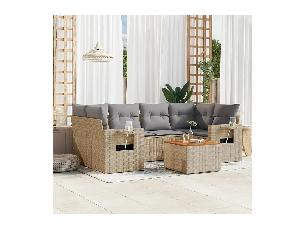 Set Divano da Giardino 7 pz con Cuscini Beige Misto Polyrattan