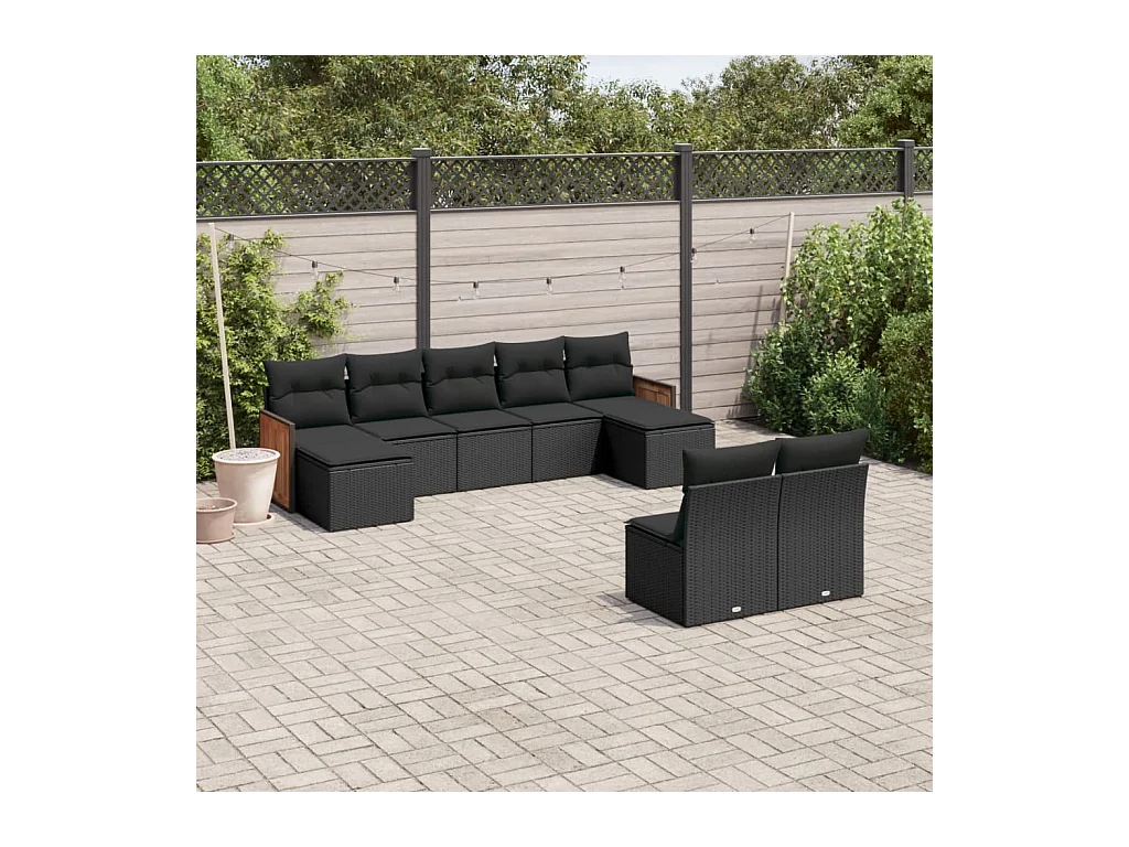 Salon de jardin 9 pcs avec coussins noir résine tressée