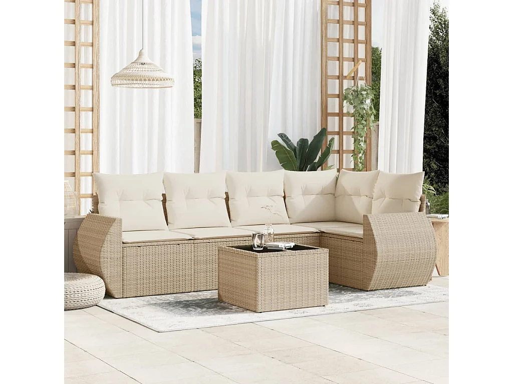6-tlg. Garten-Sofagarnitur mit Kissen Beige Poly Rattan