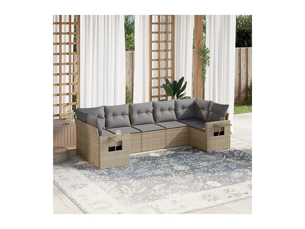7-delige Loungeset met kussens poly rattan beige