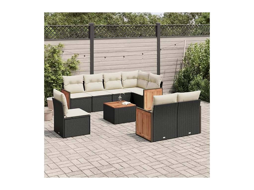 Set Divani da Giardino 9 pz con Cuscini Nero in Polyrattan