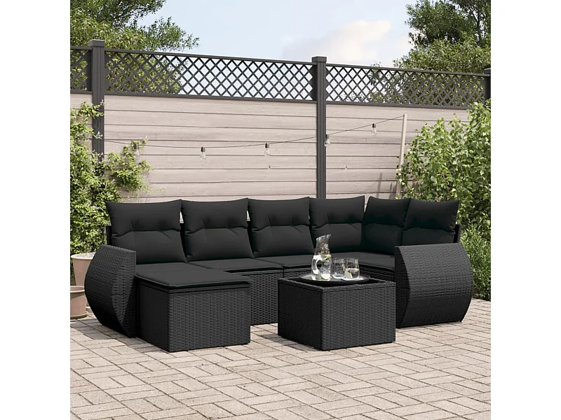 7-delige Loungeset met kussens poly rattan zwart