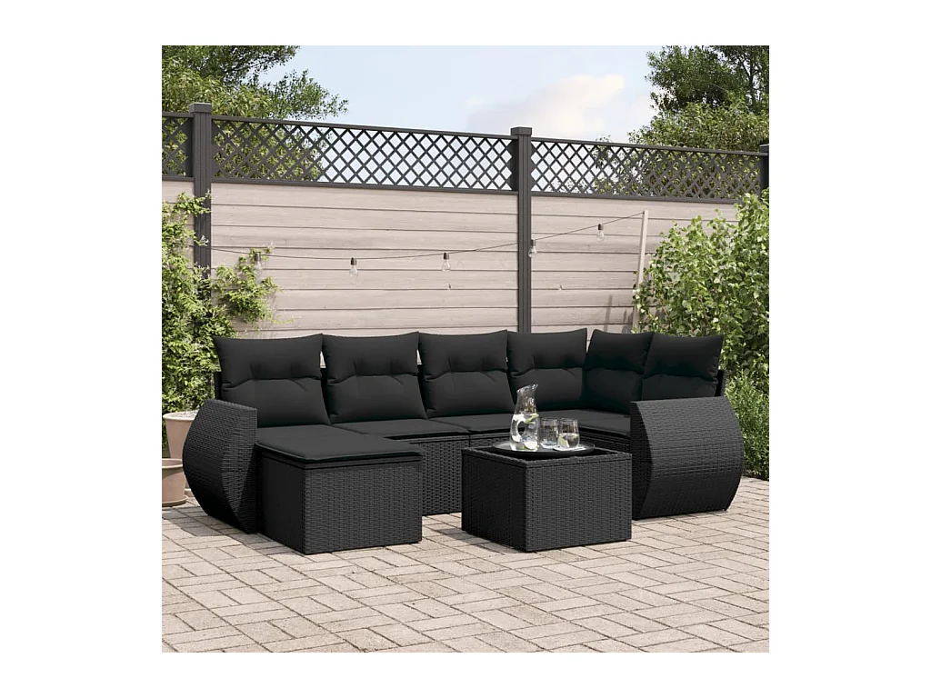 Salon de jardin 7 pcs avec coussins noir résine tressée