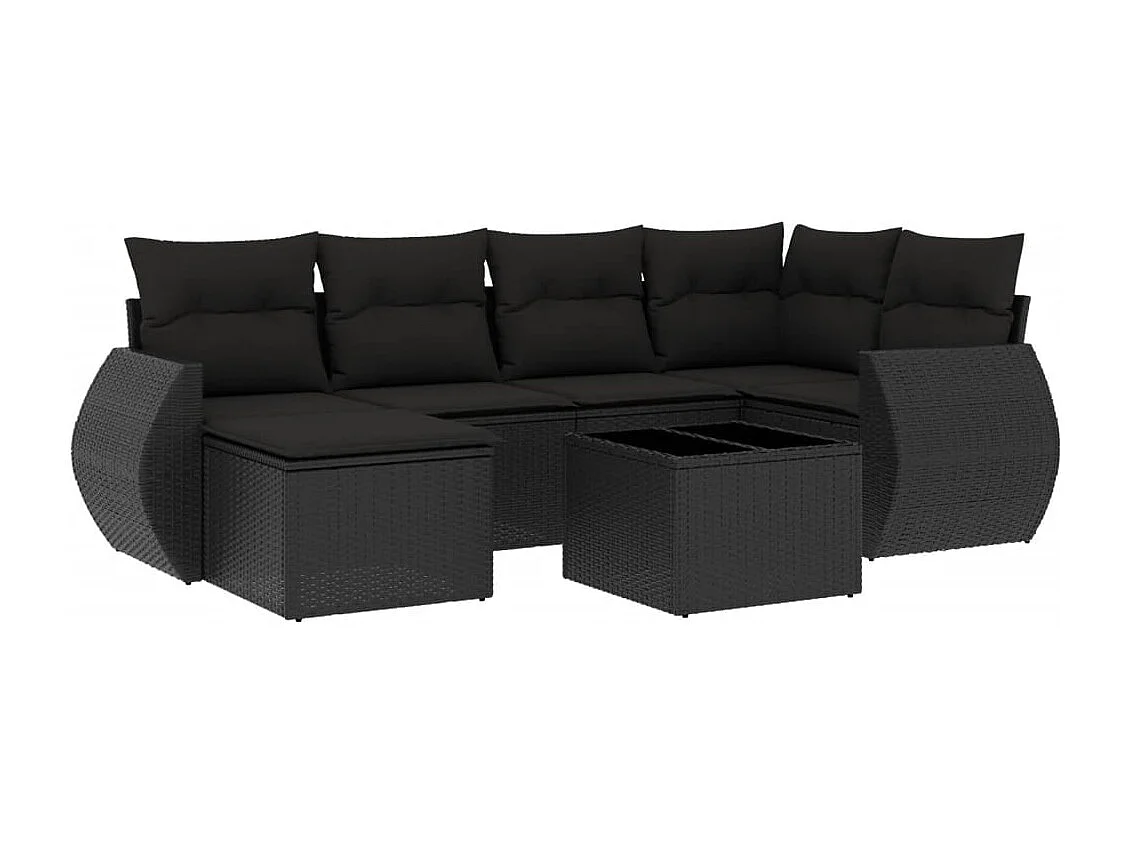 7-delige Loungeset met kussens poly rattan zwart