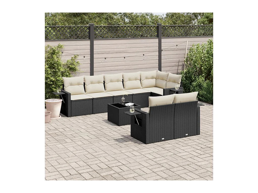 Salon de jardin 9 pcs avec coussins noir résine tressée