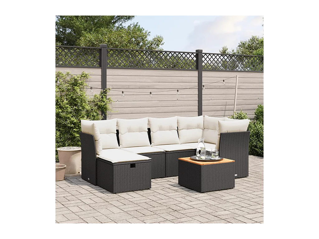 Salon de jardin 7 pcs avec coussins noir résine tressée