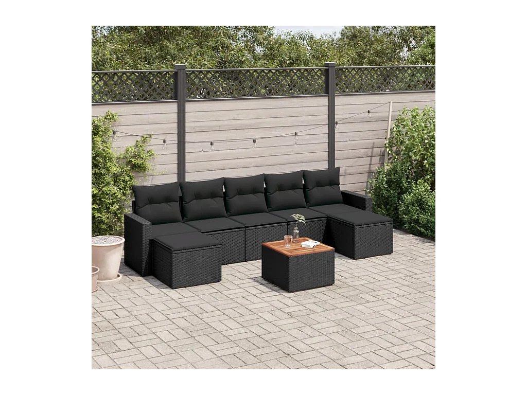 Salon de jardin 8 pcs avec coussins noir résine tressée