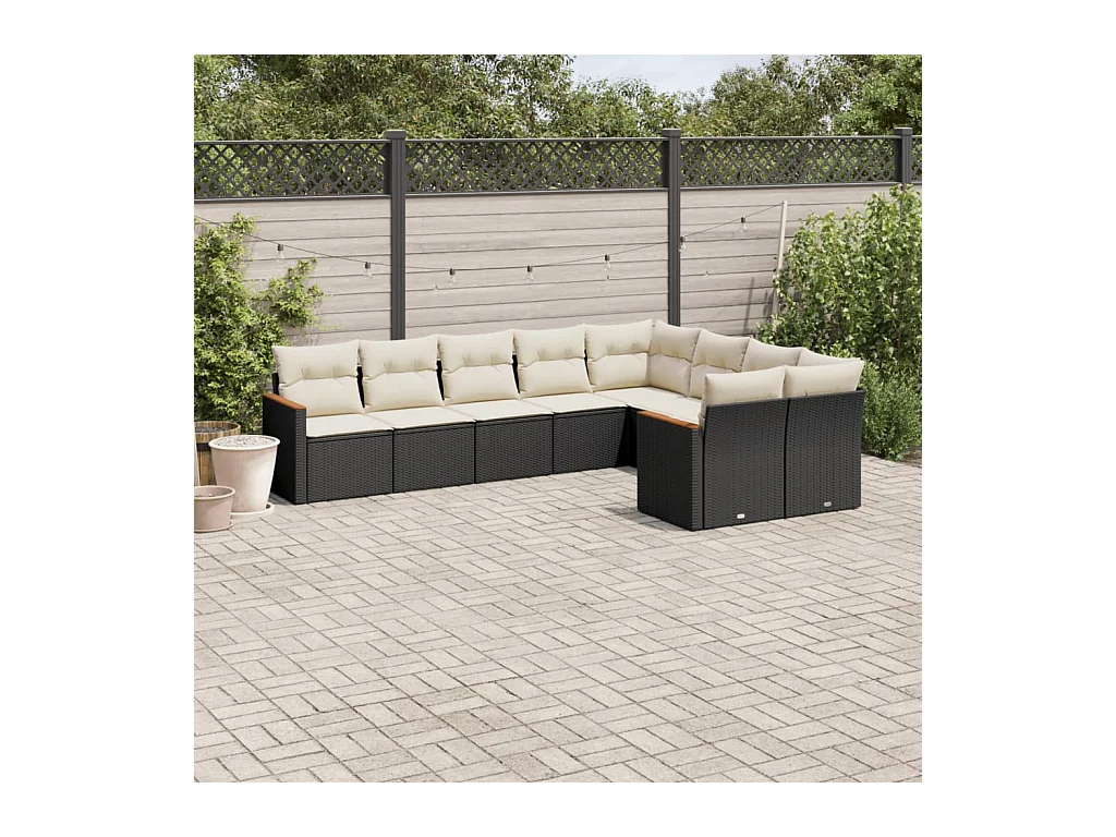 Salon de jardin 9 pcs avec coussins noir résine tressée