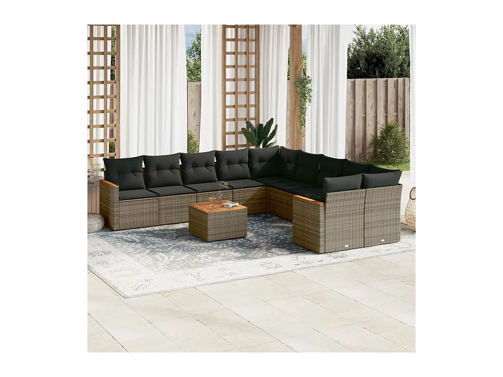 11-tlg. Garten-Sofagarnitur mit Kissen Grau Poly Rattan