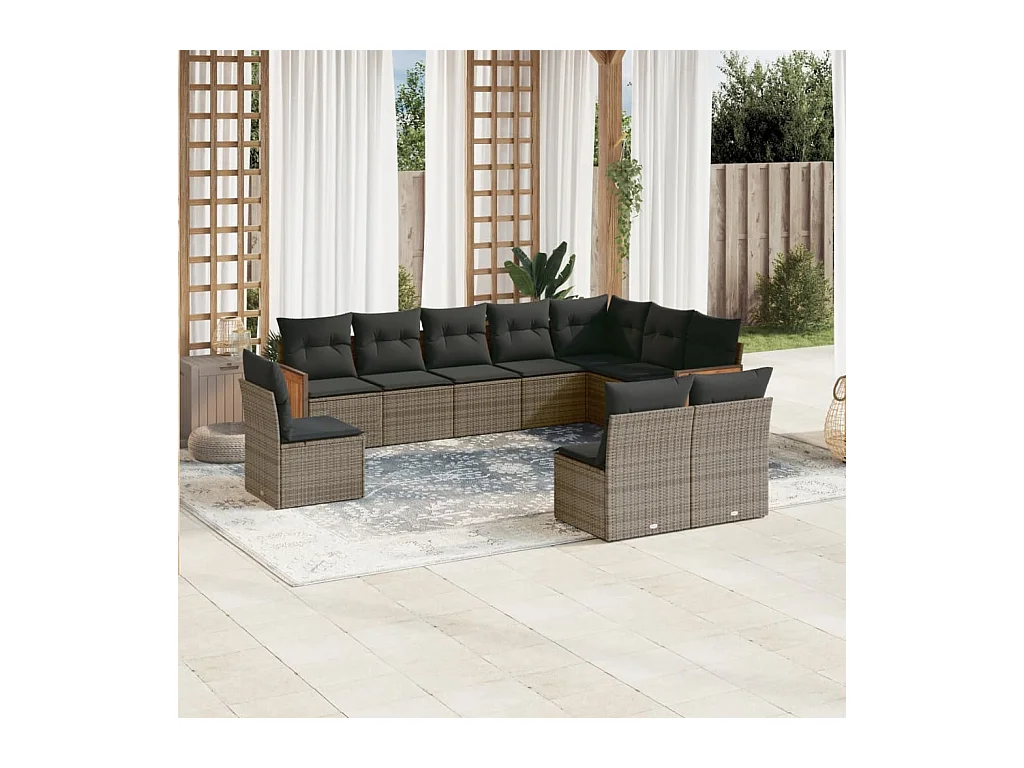 10-tlg. Garten-Sofagarnitur mit Kissen Grau Poly Rattan